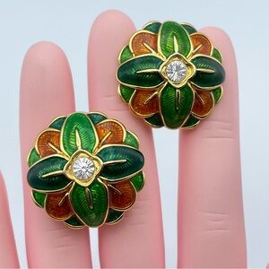 Joan Rivers Green Enamel Maltese Cross Clip On Earrings Gold Rhinestone